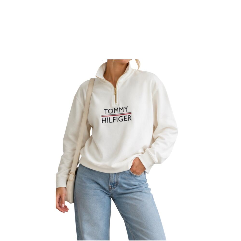 Tommy Hilfiger Pullover Top Womens Size Small White Mock Neck 1/2 Zip Logo NWT